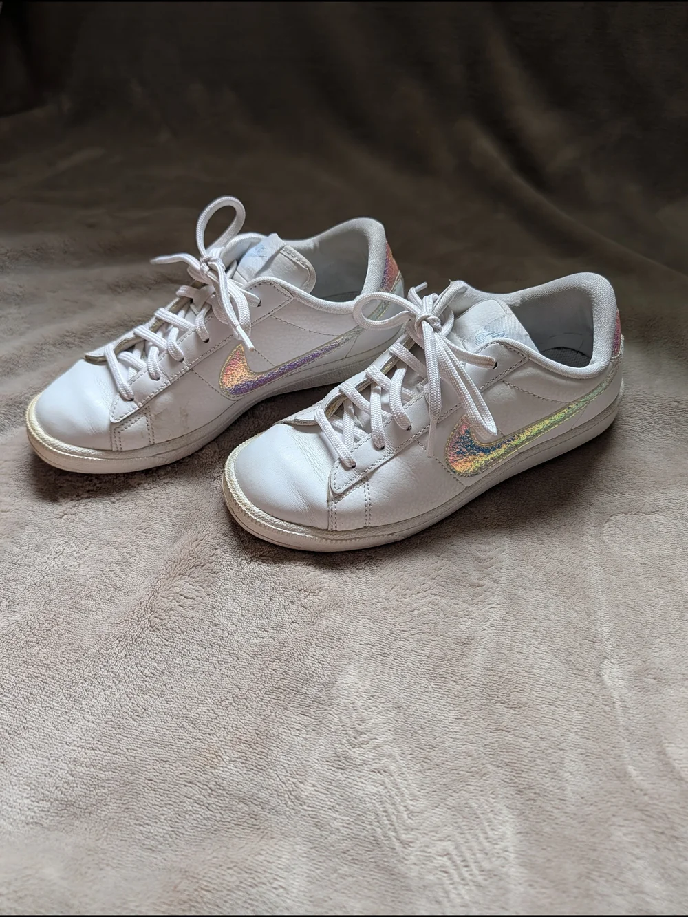 Nike Kid’s White Sneakers with Iridescent Swoosh